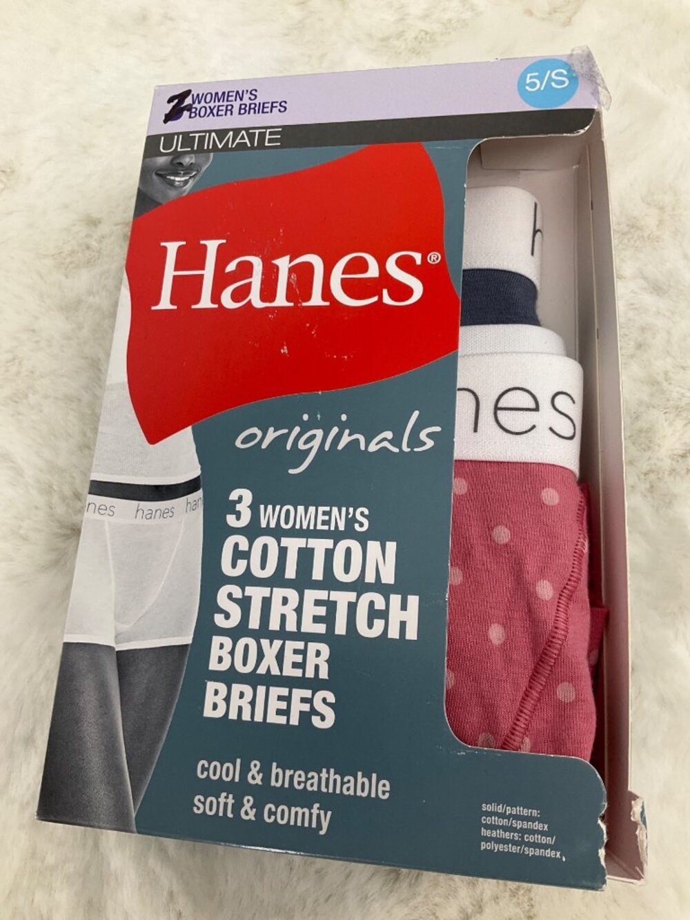 Hanes Women's Cotton Boxer Briefs 2 pairs, size small, size 5, Grey & Pink